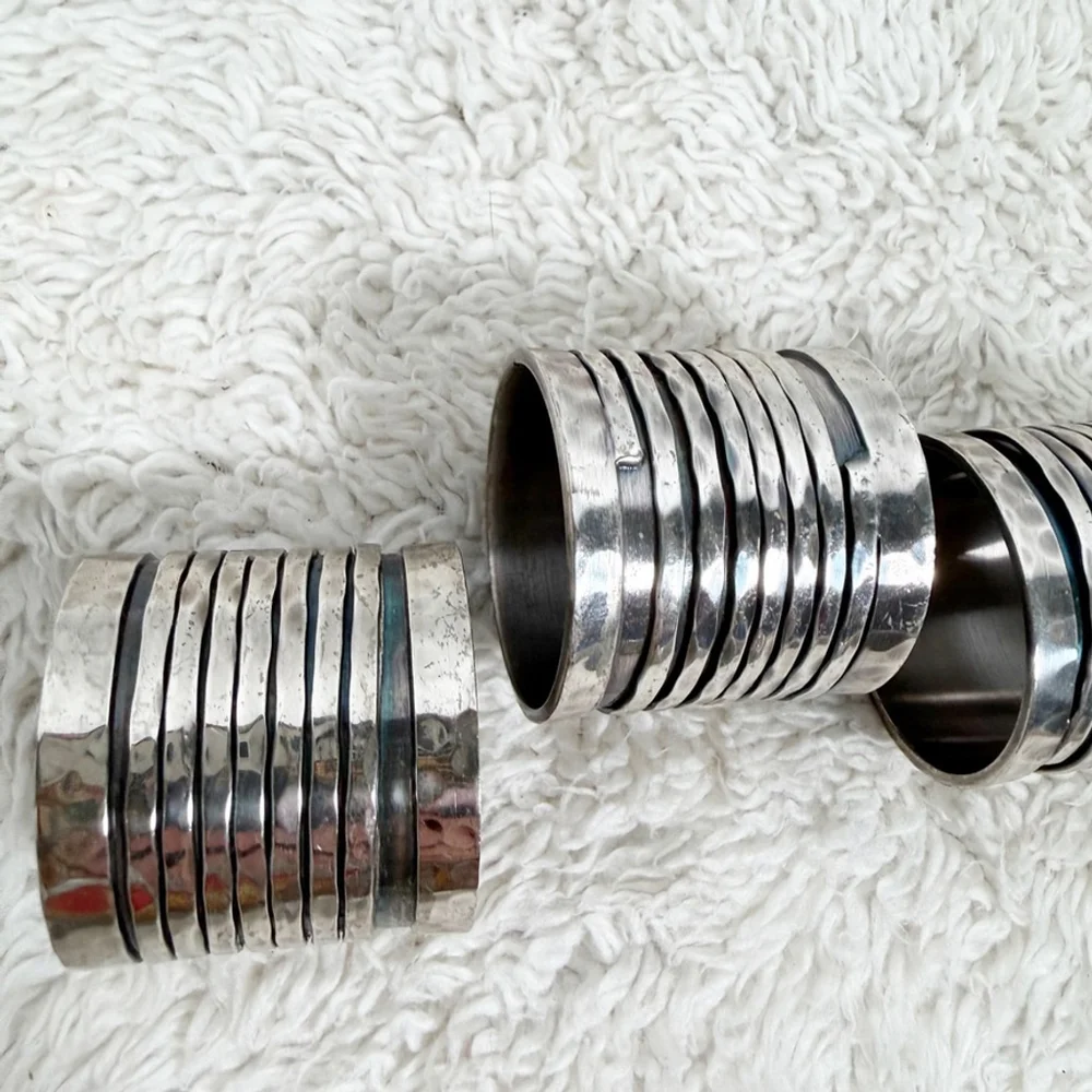 Vintage Silver Tone Napkin Rings Set of 4 Gothic Viking Medieval Hammered Metal